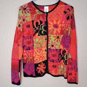 Hand knit patchwork vibrant colors 3D knit button down long sleeve cardigan